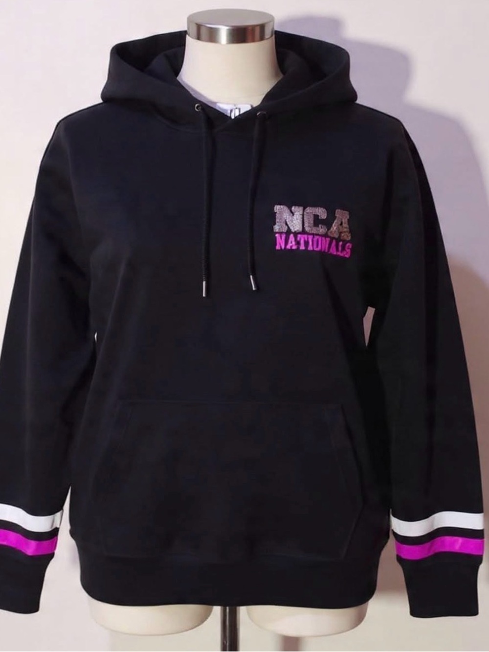 NEW NCA Nationals Black Hoodie Sweatshirt with Pink and Silver Sequin Accents
